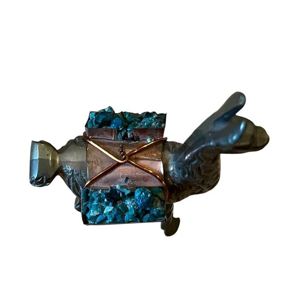 1970's VTG BRASS Llama Alpaca Figurine with Turquoise Cargo Packs COPPER Saddle - Picture 2 of 8